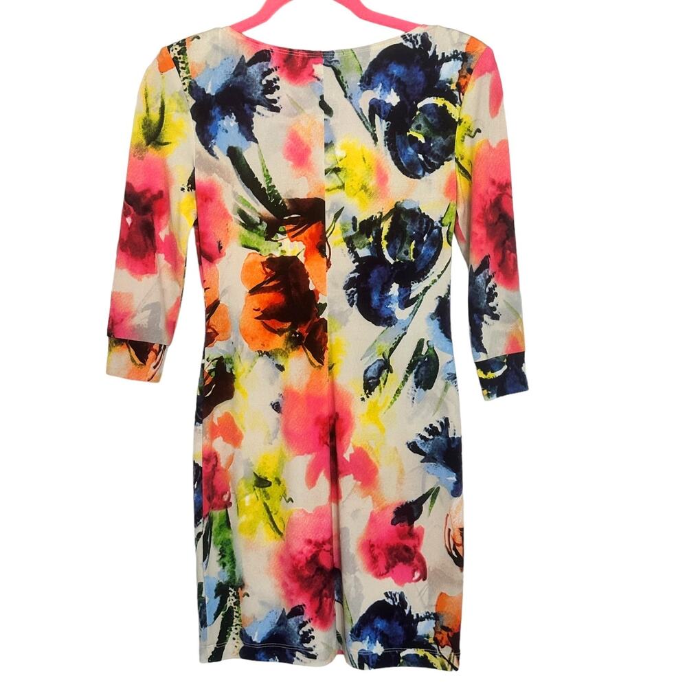 ABS Allen Schwartz Mini Dress Floral Bodycon Colorful Stretch 3/4 Sleeve Size XS - Picture 3 of 11